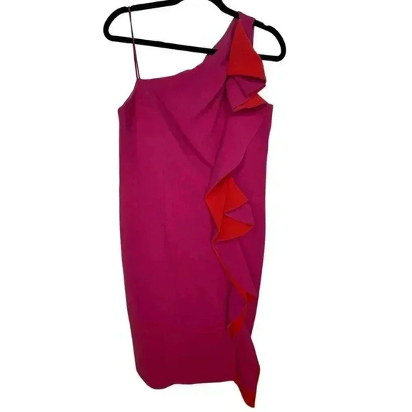Ricki Freeman Terri Jon 12 (XL) Pink & Red‎ One Shoulder Ruffle Above Knee Dress - Picture 1 of 8